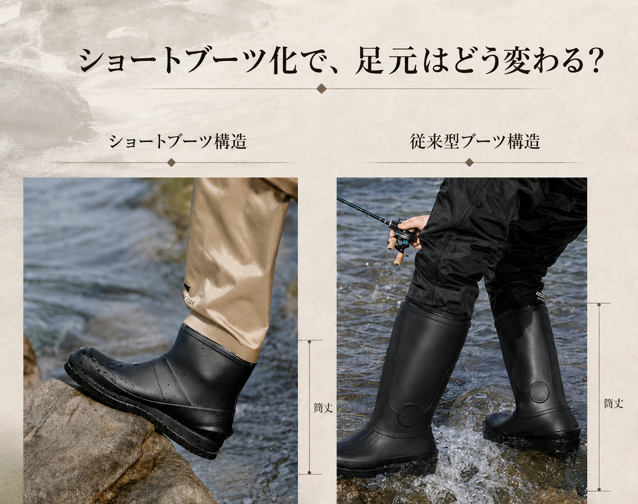 短いブーツ部分と従来構造を並べたメーカーの説明図。比較写真を同一仕様の販売商品として扱わないでください。