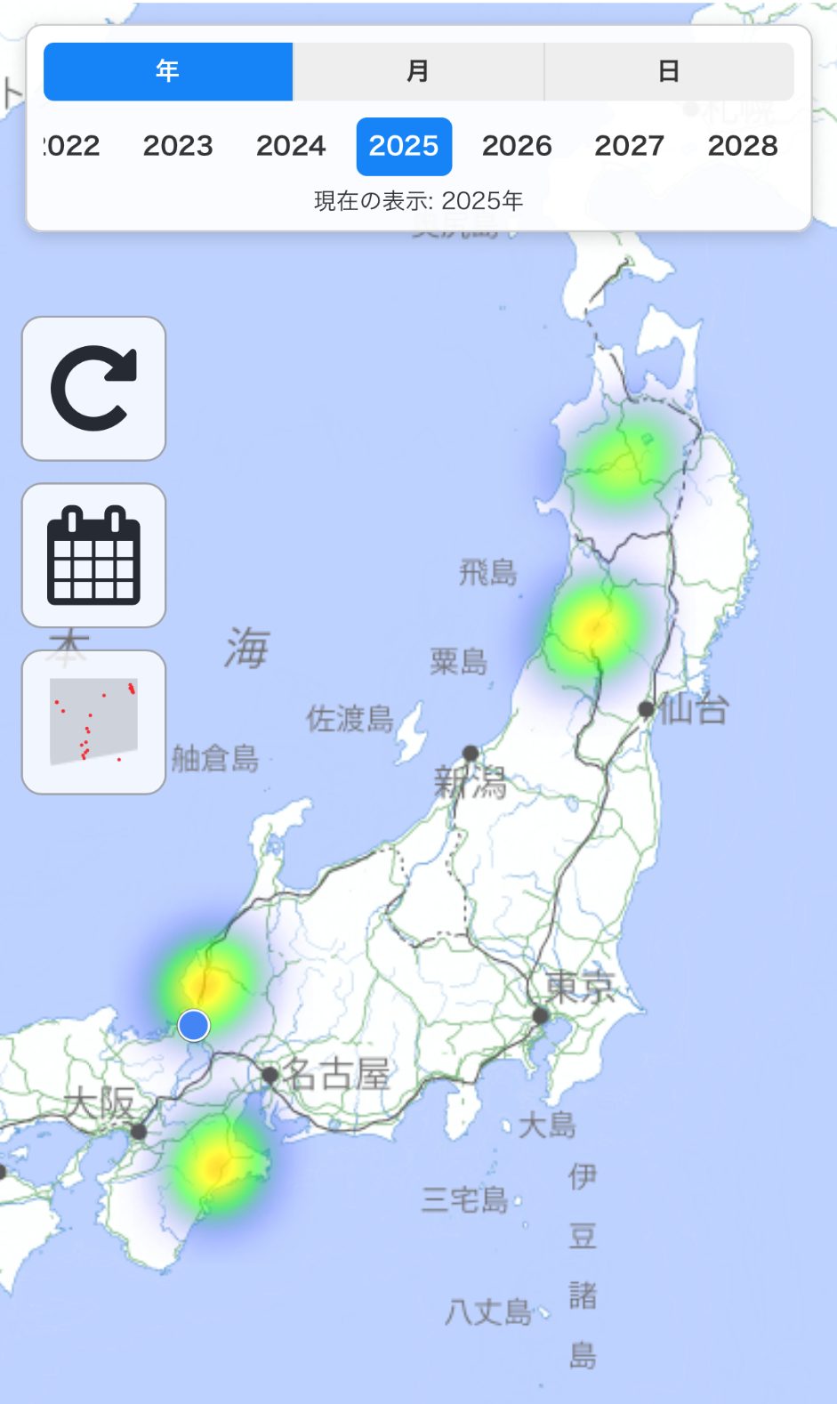 ヒートマップへ切り替えた配信元の画面例。色が強い場所は自分の記録が集まっている地域を表します。