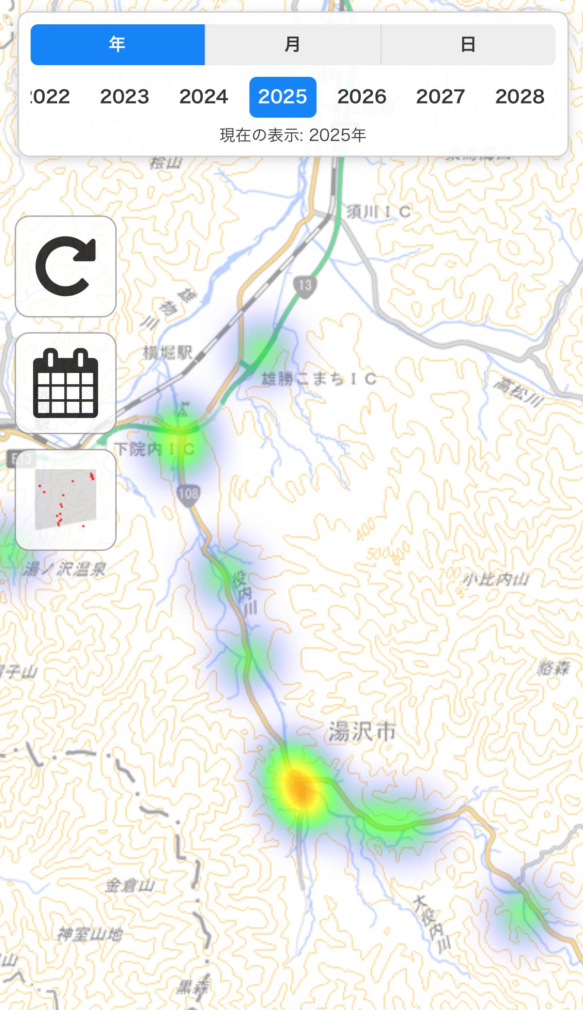 地域を拡大した配信元のヒートマップ画面例。個々の釣行を振り返るための表示で、釣り可能区域や釣果の保証を示す地図ではありません。