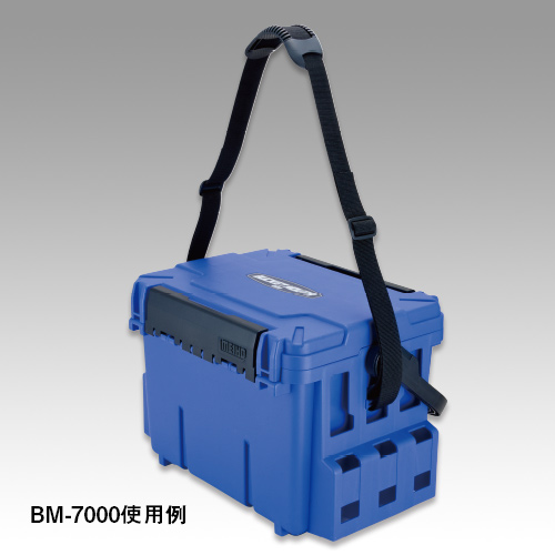 BM-7000へのメーカー使用例。箱の左右にベルトを取り付けた配置を示しています。