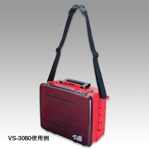 VS-3080へのメーカー使用例。横長の箱本体の両側へベルトを取り付けた状態です。