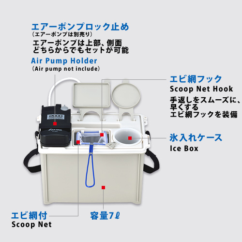 メーカー機能説明画像。エビ網付・網フック・氷入れケース・エアーポンプロック止めと容量7Lの表示があります。