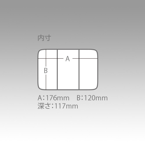 公式内寸図。A176mm・B120mm・深さ117mm。収納物はラックの配置も含めて照合します。