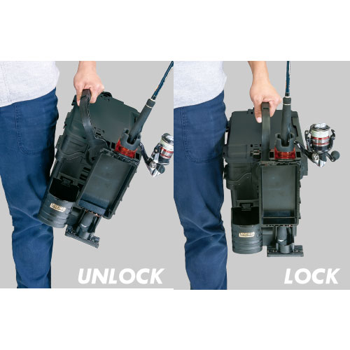 メーカーのUNLOCK/LOCKの持ち運び比較例。竿・リール・周辺用品は箱本体の付属品ではありません。